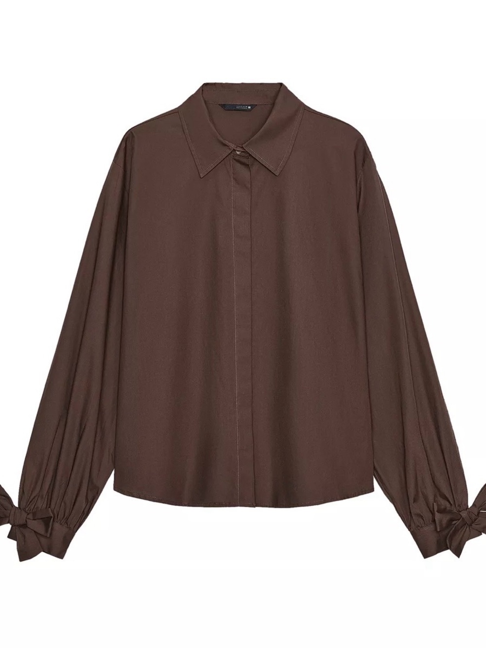 Poplin Brown Tie-Sleeve Button Front Blouse